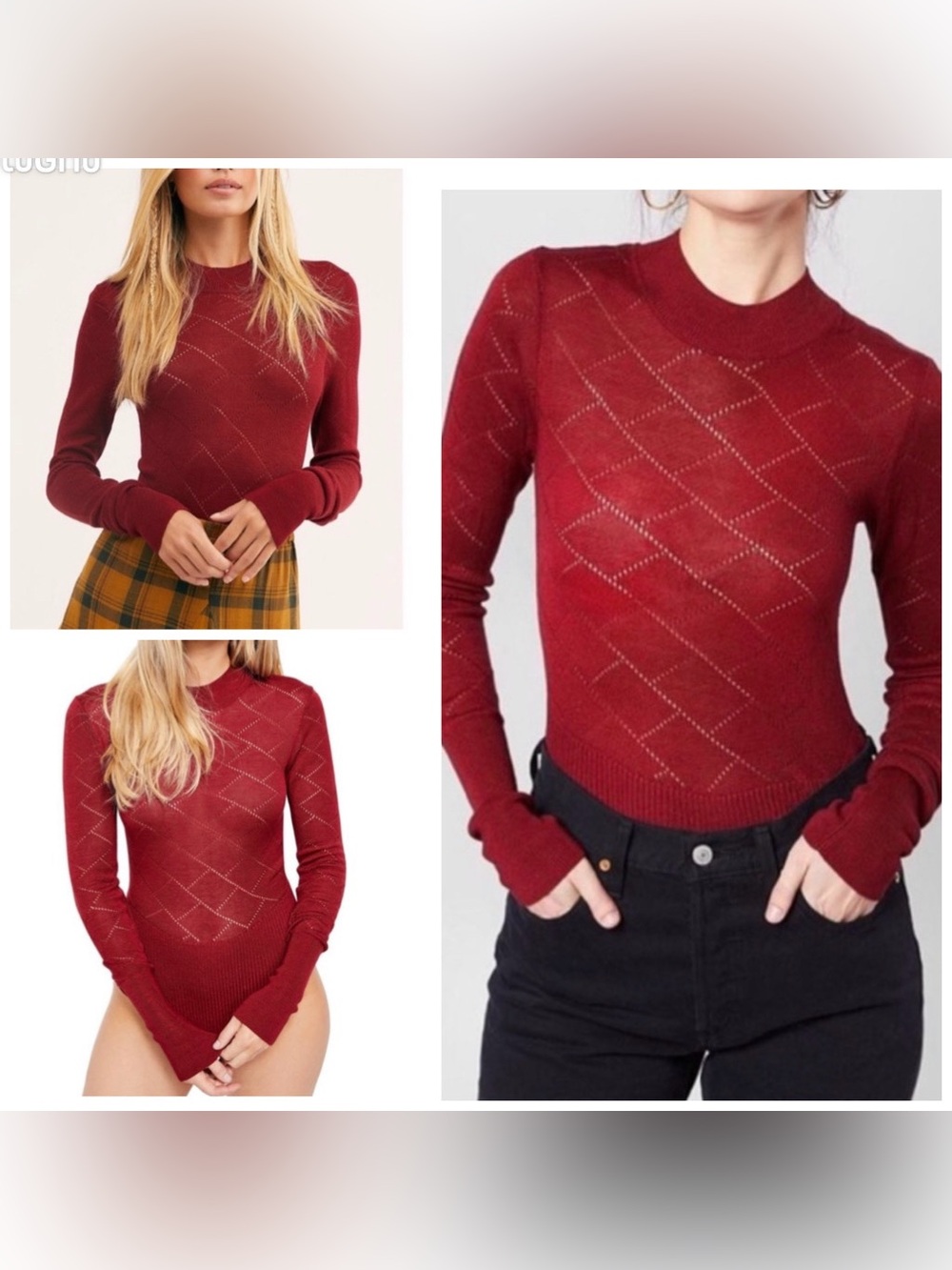 Free People Women's Red Burgundy What's The Pointelle Bodysuit Large Knit Preppy